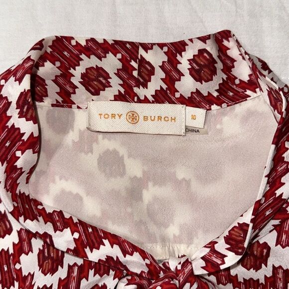 Tory Burch 10 Red White Pattern Cap Sleeve Neck Tie Silk Blouse - Picture 12 of 14